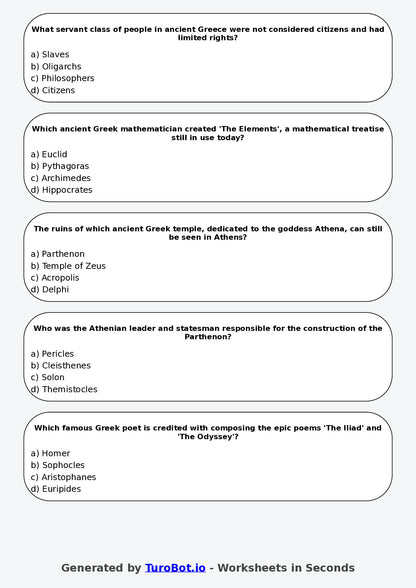 Year 6 History Multiple Choice Worksheet – Ancient Greece Basics