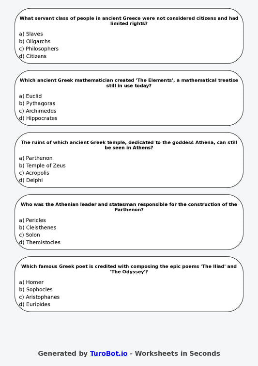 Year 6 History Multiple Choice Worksheet – Ancient Greece Basics