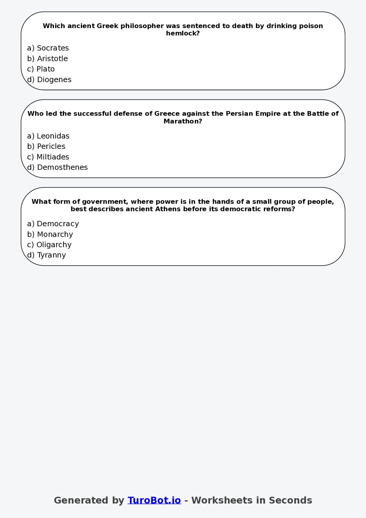 Year 6 History Multiple Choice Worksheet – Ancient Greece Basics
