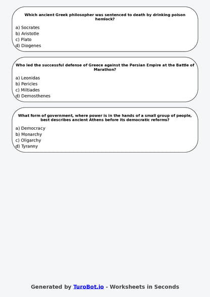 Year 6 History Multiple Choice Worksheet – Ancient Greece Basics