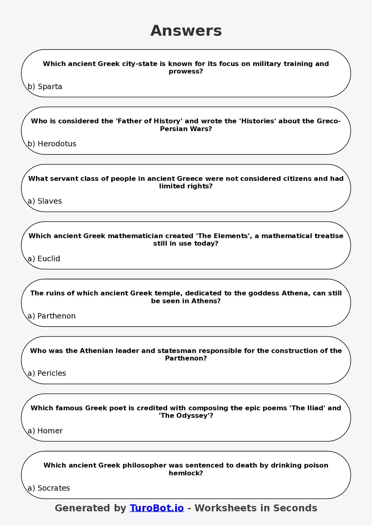 Year 6 History Multiple Choice Worksheet – Ancient Greece Basics