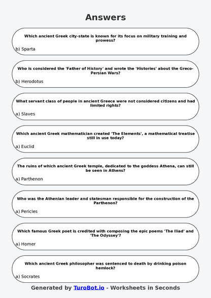 Year 6 History Multiple Choice Worksheet – Ancient Greece Basics