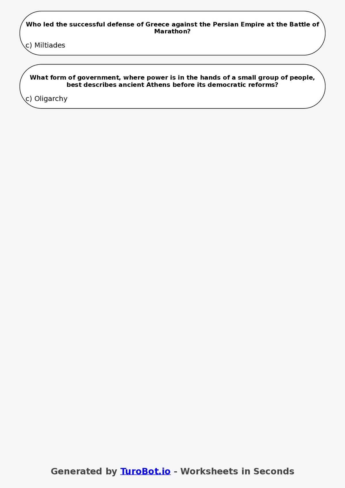 Year 6 History Multiple Choice Worksheet – Ancient Greece Basics