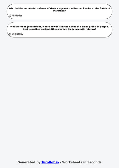 Year 6 History Multiple Choice Worksheet – Ancient Greece Basics