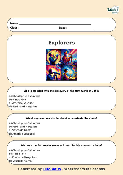 Year 6 History Multiple Choice Worksheet – Explorers and Discoveries