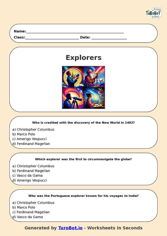 Year 6 History Multiple Choice Worksheet – Explorers and Discoveries