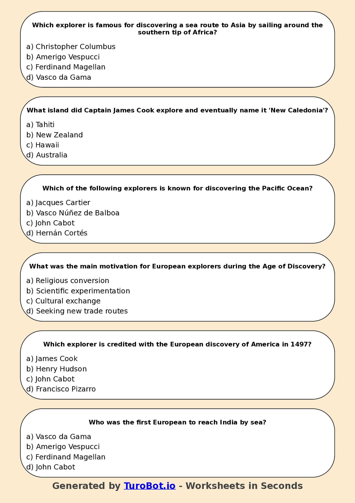 Year 6 History Multiple Choice Worksheet – Explorers and Discoveries
