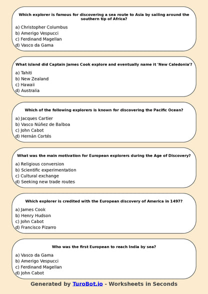 Year 6 History Multiple Choice Worksheet – Explorers and Discoveries