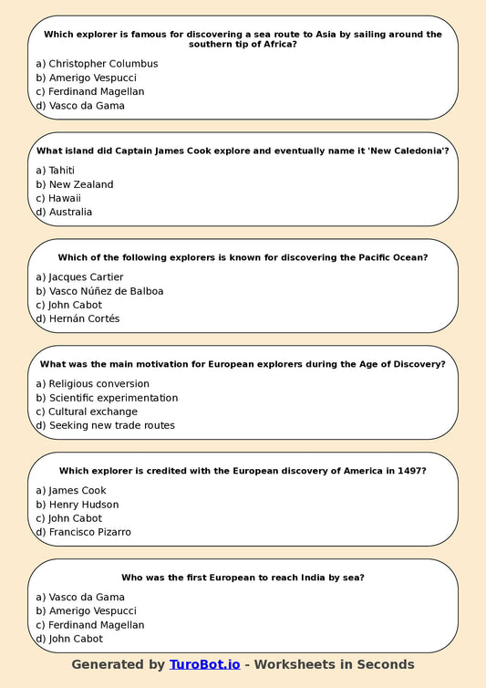 Year 6 History Multiple Choice Worksheet – Explorers and Discoveries