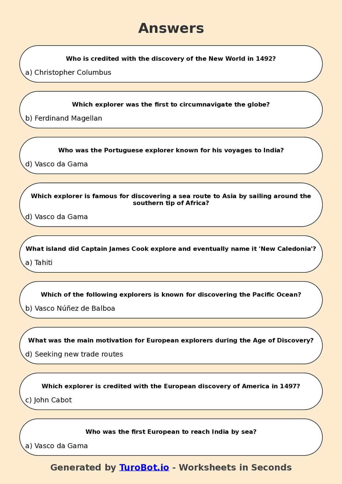 Year 6 History Multiple Choice Worksheet – Explorers and Discoveries
