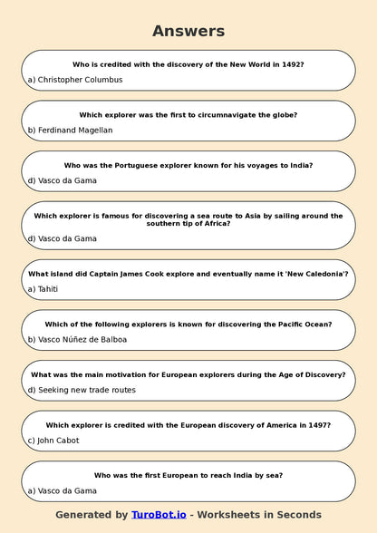 Year 6 History Multiple Choice Worksheet – Explorers and Discoveries
