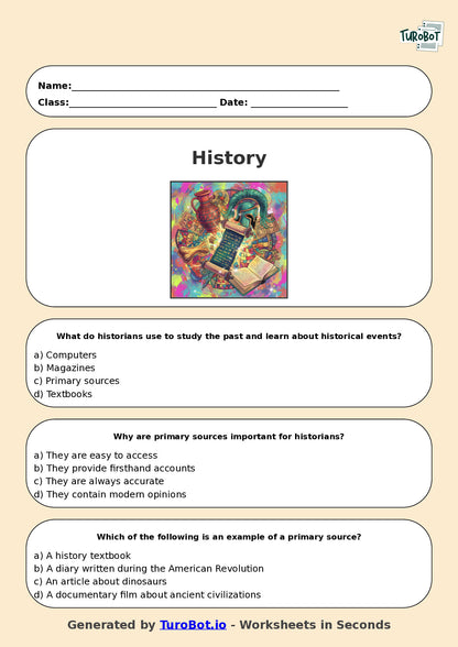 Year 6 History Multiple Choice Worksheet – Historical Sources and Evidence