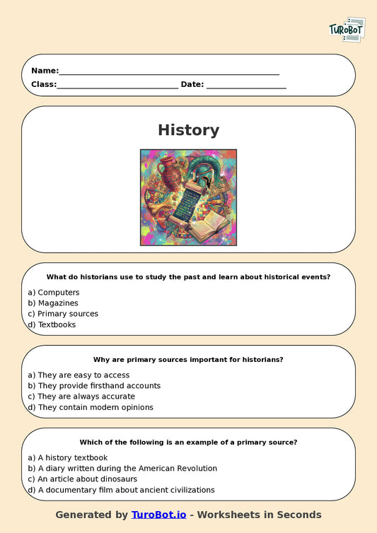 Year 6 History Multiple Choice Worksheet – Historical Sources and Evidence