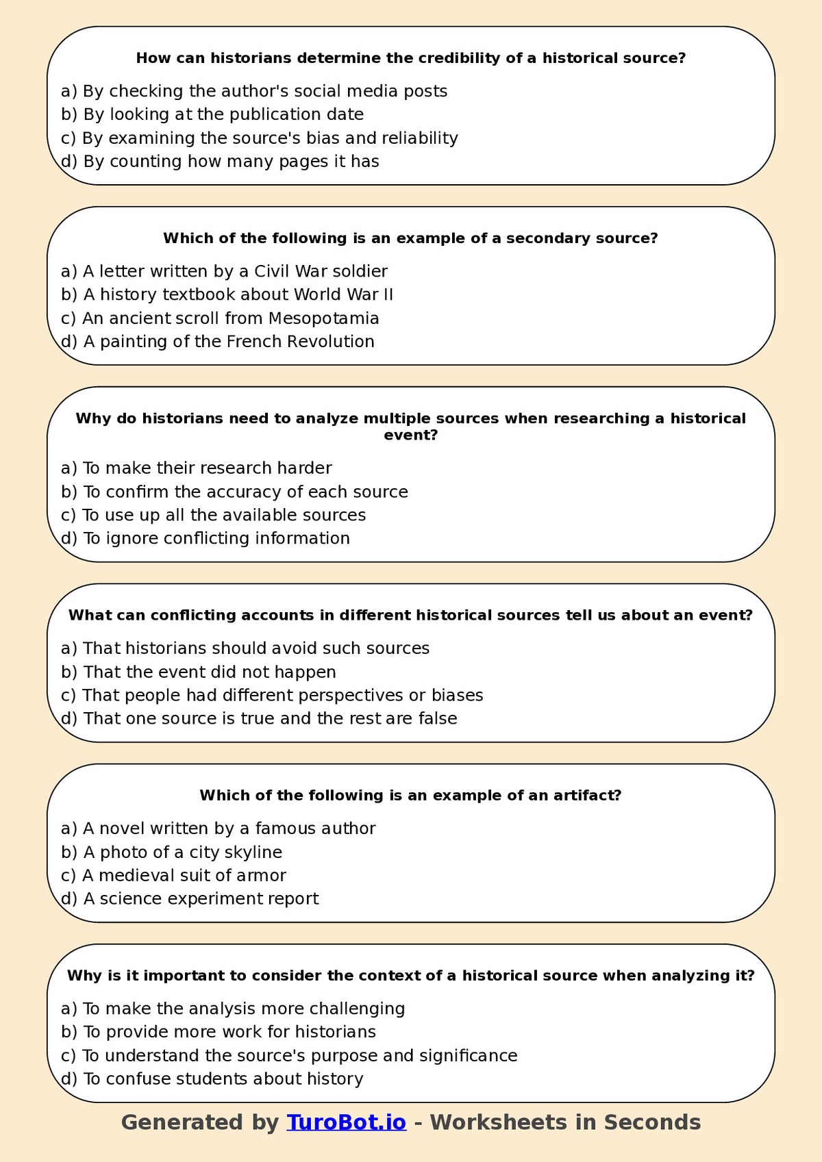 Year 6 History Multiple Choice Worksheet – Historical Sources and Evidence