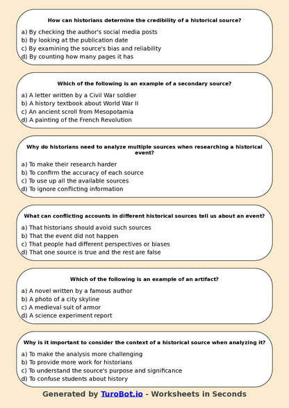 Year 6 History Multiple Choice Worksheet – Historical Sources and Evidence