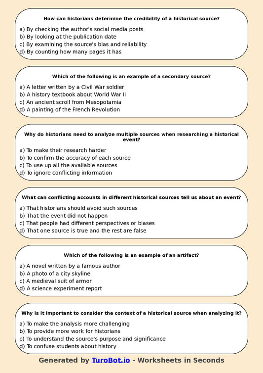 Year 6 History Multiple Choice Worksheet – Historical Sources and Evidence