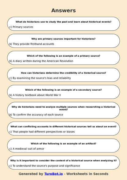Year 6 History Multiple Choice Worksheet – Historical Sources and Evidence