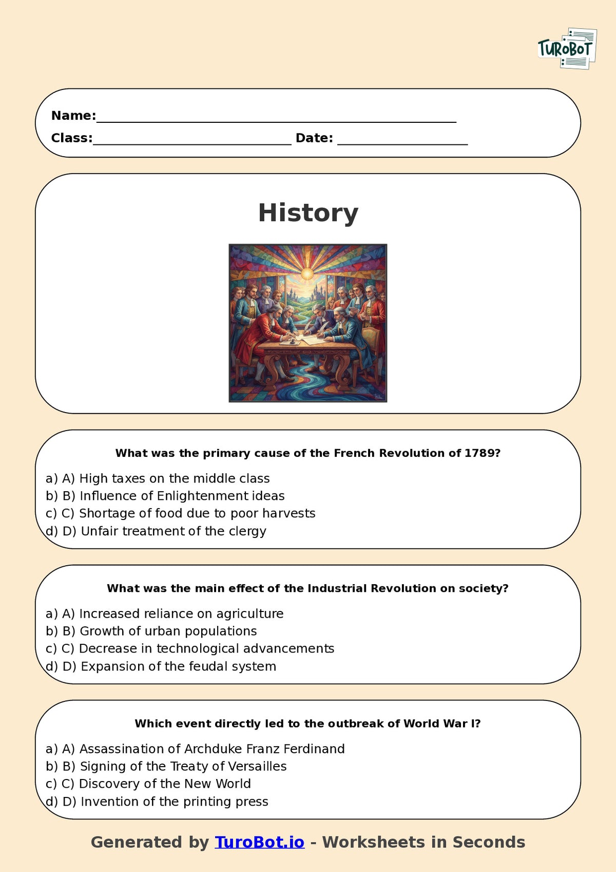 Year 7 History Multiple Choice Worksheet – Causes and Effects in History