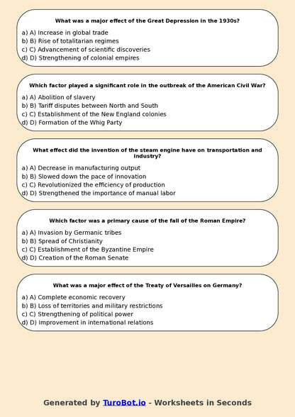Year 7 History Multiple Choice Worksheet – Causes and Effects in History