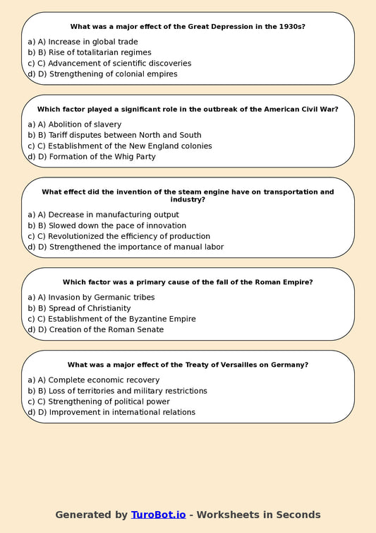 Year 7 History Multiple Choice Worksheet – Causes and Effects in History
