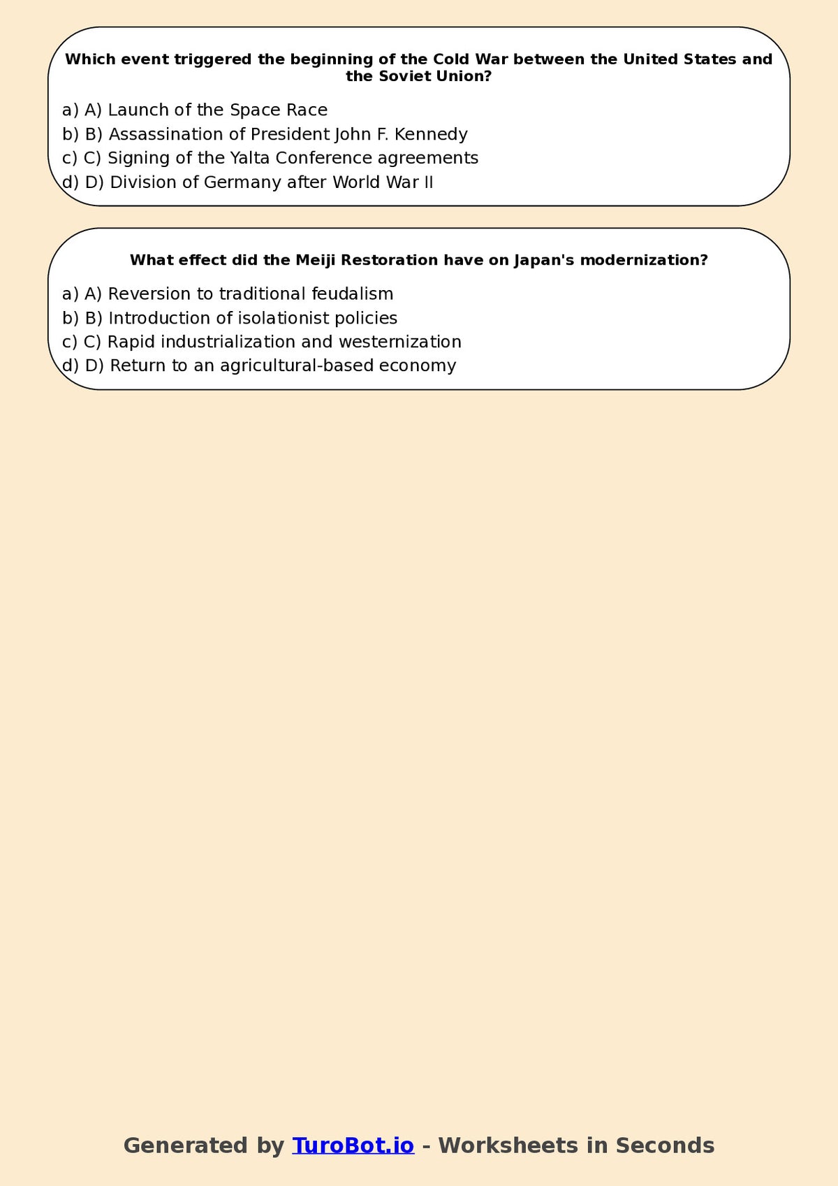 Year 7 History Multiple Choice Worksheet – Causes and Effects in History