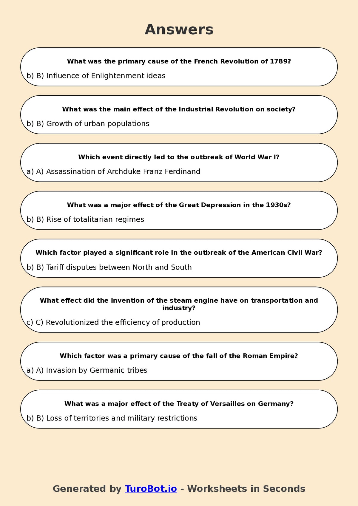 Year 7 History Multiple Choice Worksheet – Causes and Effects in History