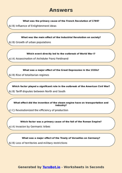 Year 7 History Multiple Choice Worksheet – Causes and Effects in History