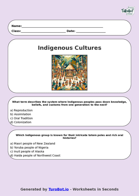 Year 7 History Multiple Choice Worksheet – Indigenous Cultures & Traditions