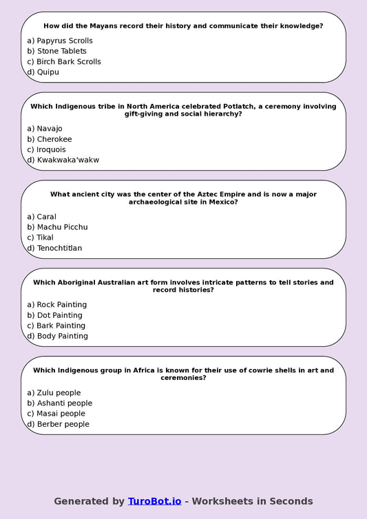 Year 7 History Multiple Choice Worksheet – Indigenous Cultures & Traditions
