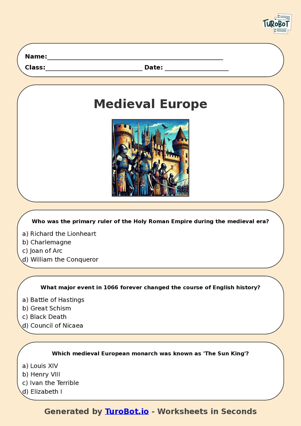 Year 7 History Multiple Choice Worksheet – Medieval Europe Overview