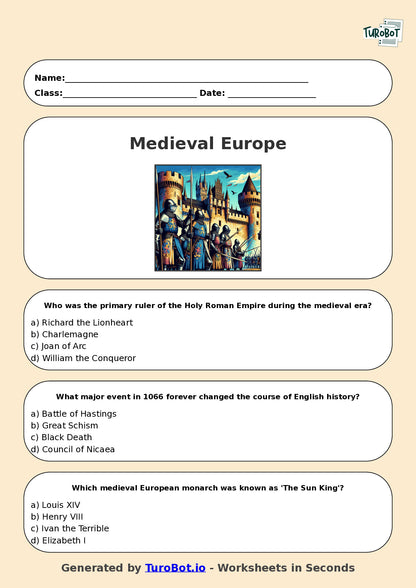 Year 7 History Multiple Choice Worksheet – Medieval Europe Overview