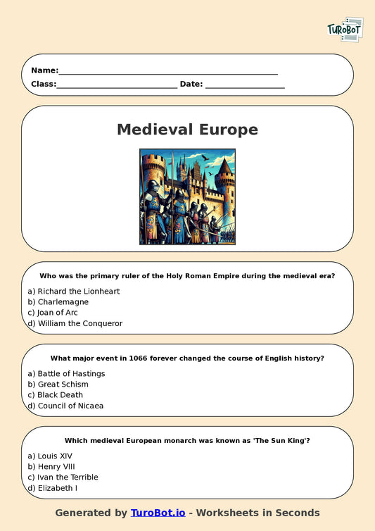Year 7 History Multiple Choice Worksheet – Medieval Europe Overview
