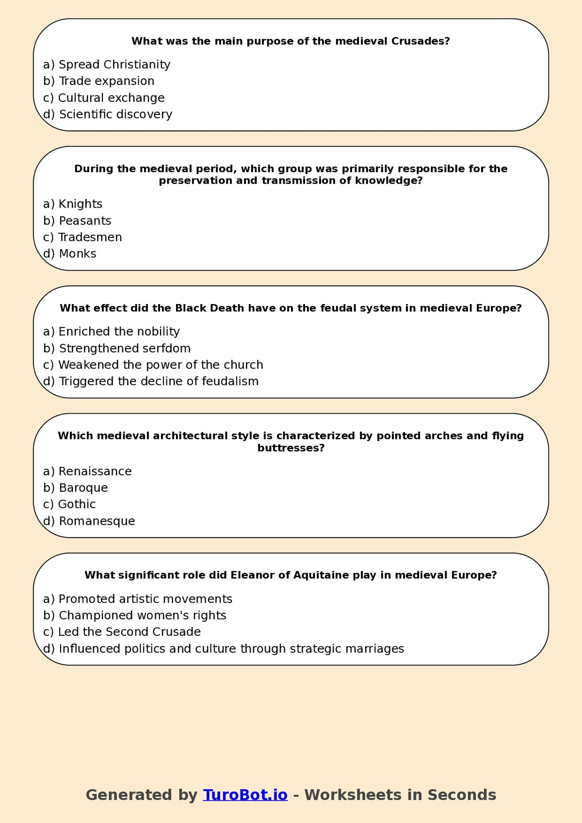 Year 7 History Multiple Choice Worksheet – Medieval Europe Overview