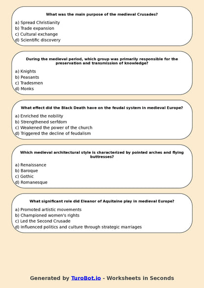 Year 7 History Multiple Choice Worksheet – Medieval Europe Overview
