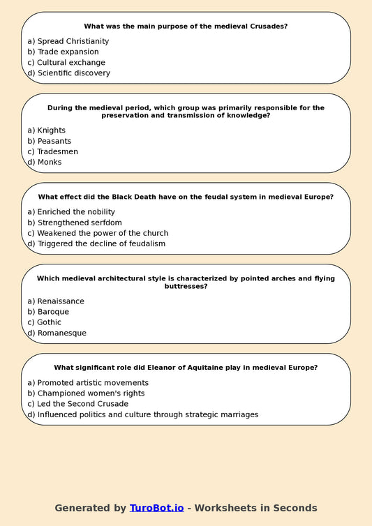 Year 7 History Multiple Choice Worksheet – Medieval Europe Overview