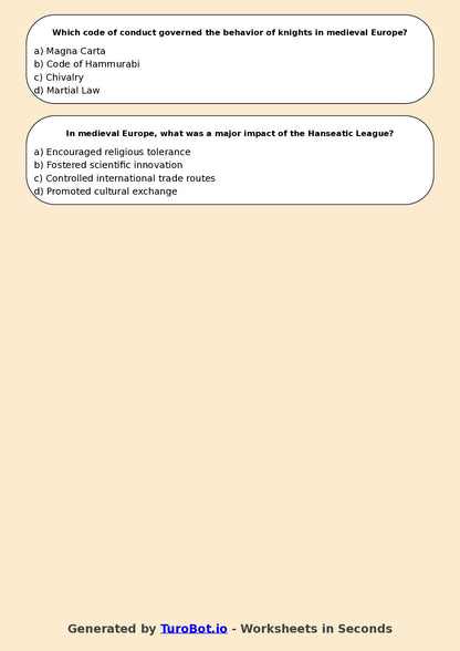 Year 7 History Multiple Choice Worksheet – Medieval Europe Overview