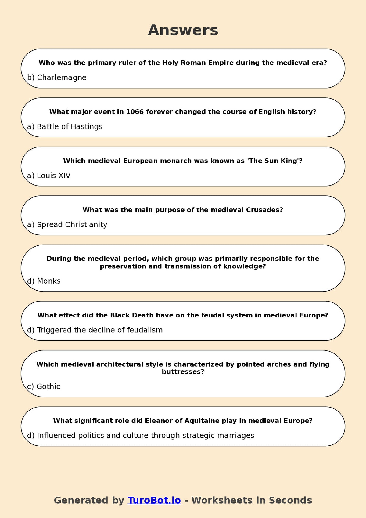 Year 7 History Multiple Choice Worksheet – Medieval Europe Overview