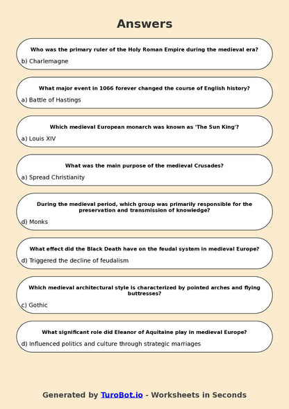 Year 7 History Multiple Choice Worksheet – Medieval Europe Overview