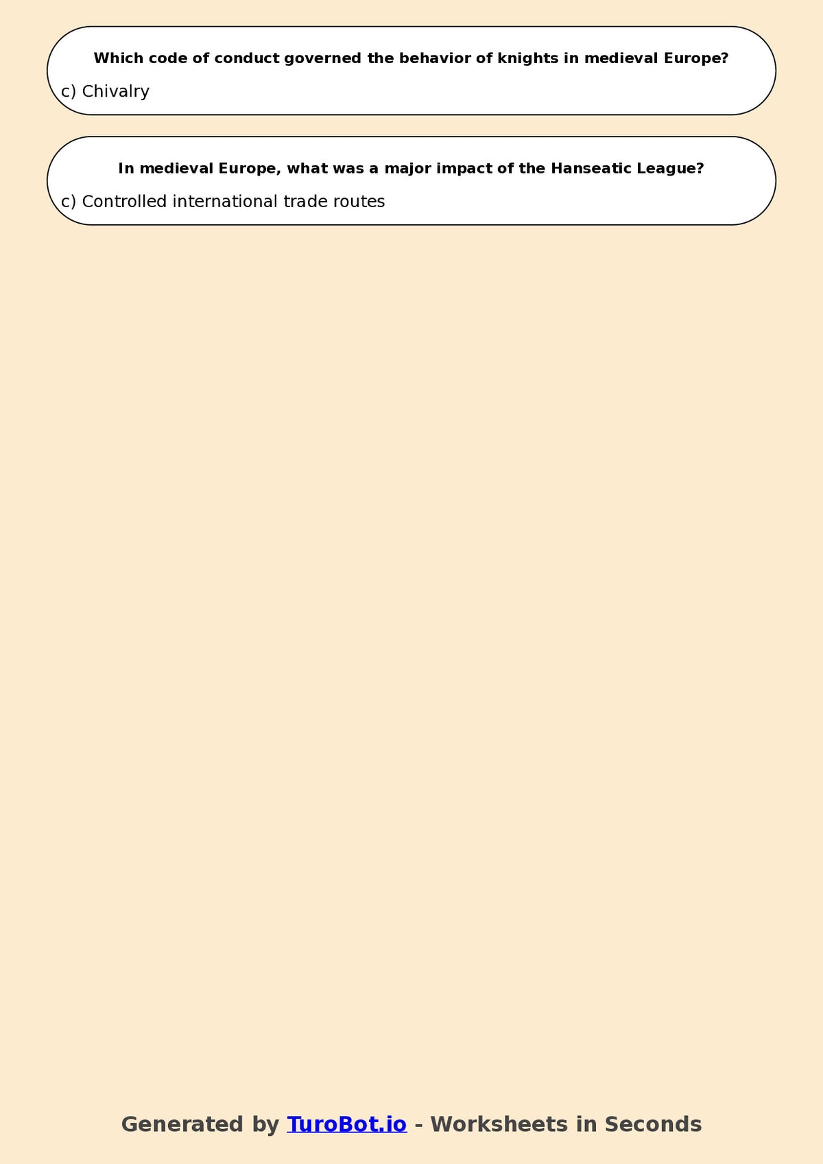 Year 7 History Multiple Choice Worksheet – Medieval Europe Overview