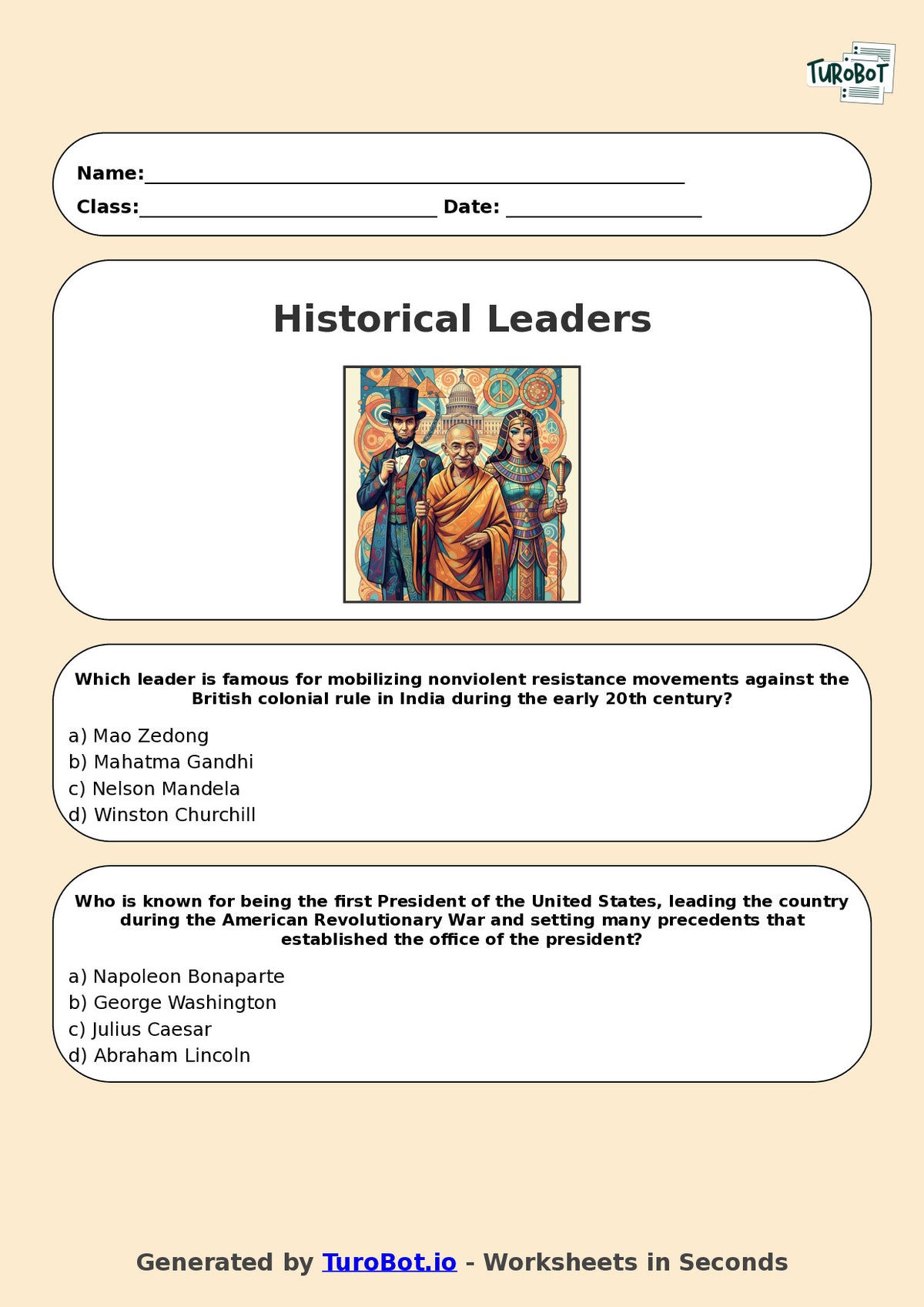 Year 7 History Multiple Choice Worksheet – Significant Historical Leaders