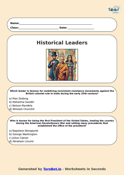 Year 7 History Multiple Choice Worksheet – Significant Historical Leaders