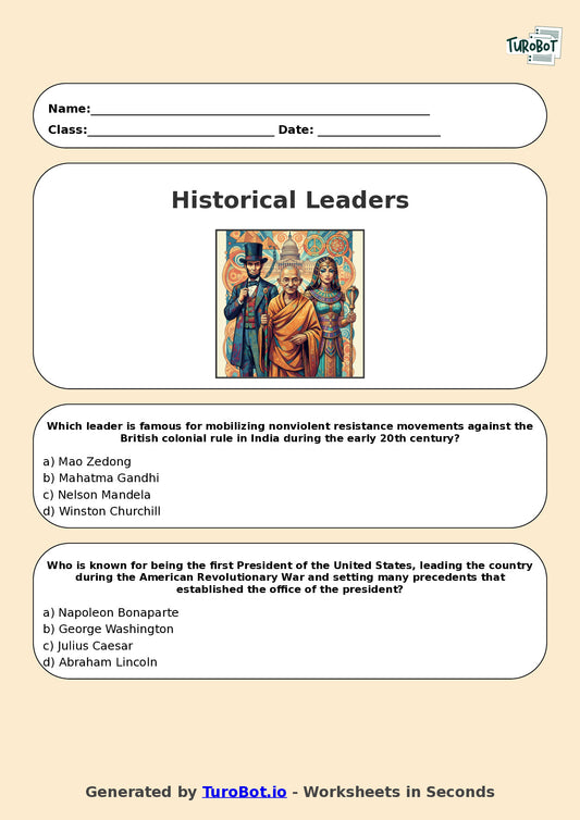 Year 7 History Multiple Choice Worksheet – Significant Historical Leaders