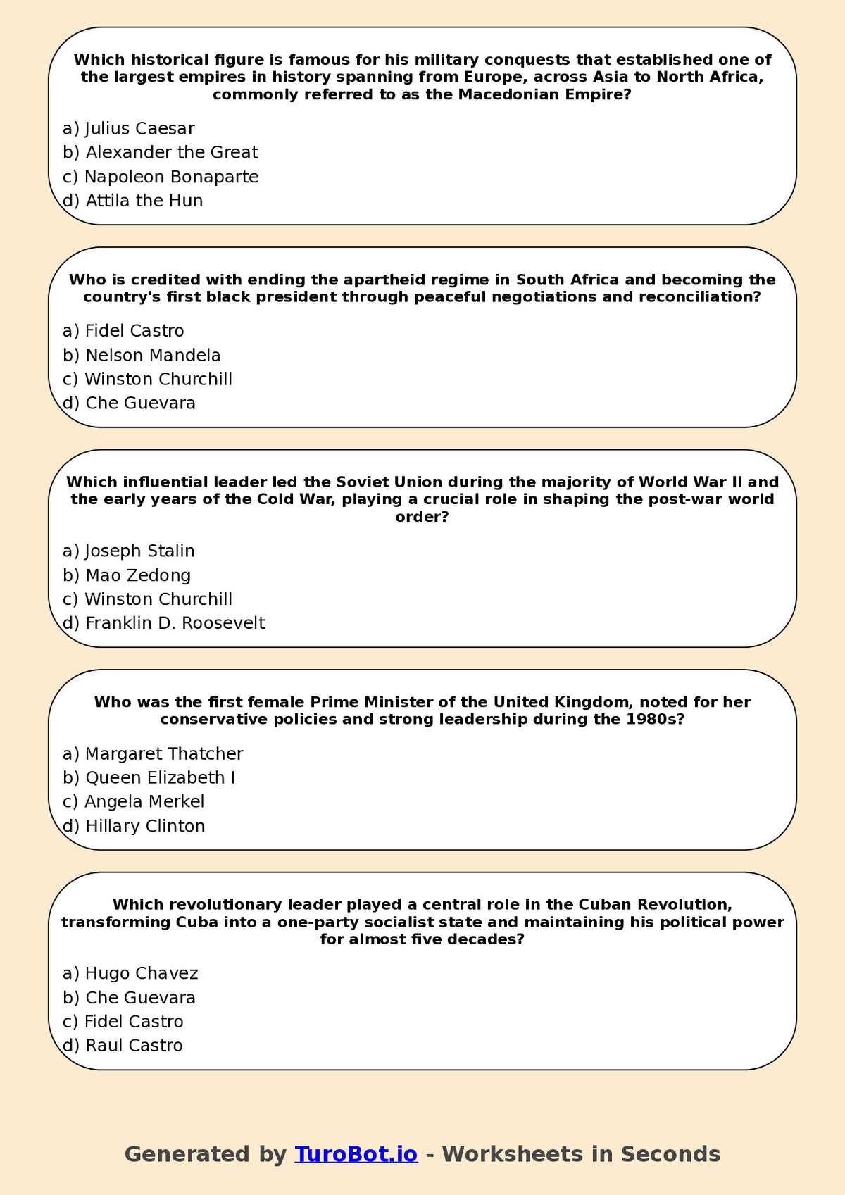 Year 7 History Multiple Choice Worksheet – Significant Historical Leaders