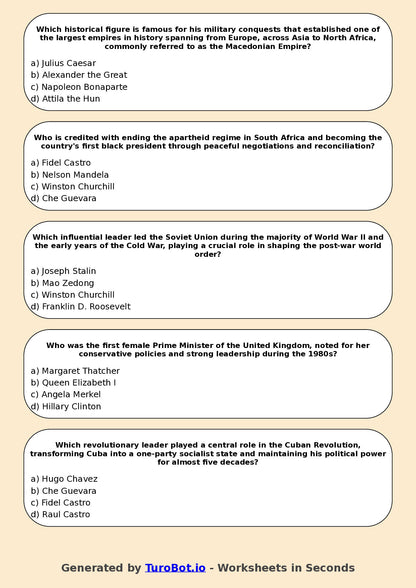Year 7 History Multiple Choice Worksheet – Significant Historical Leaders