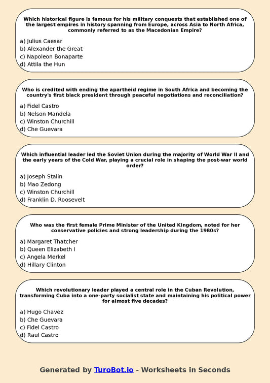 Year 7 History Multiple Choice Worksheet – Significant Historical Leaders