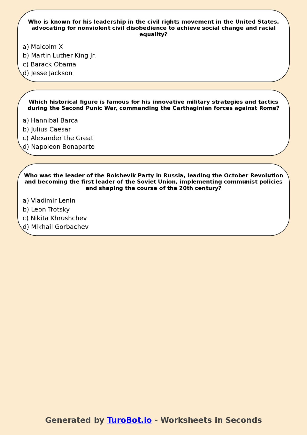 Year 7 History Multiple Choice Worksheet – Significant Historical Leaders