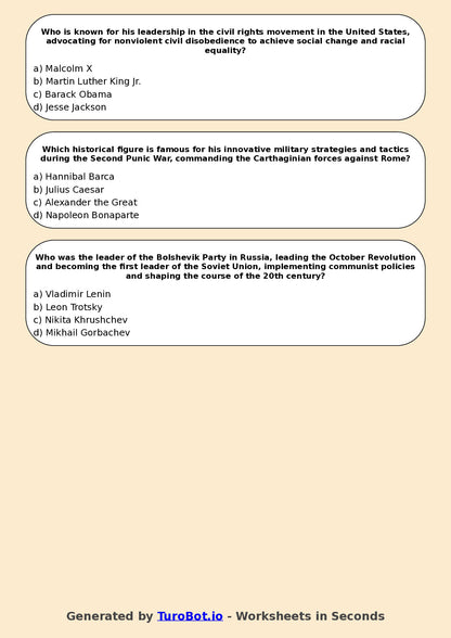 Year 7 History Multiple Choice Worksheet – Significant Historical Leaders