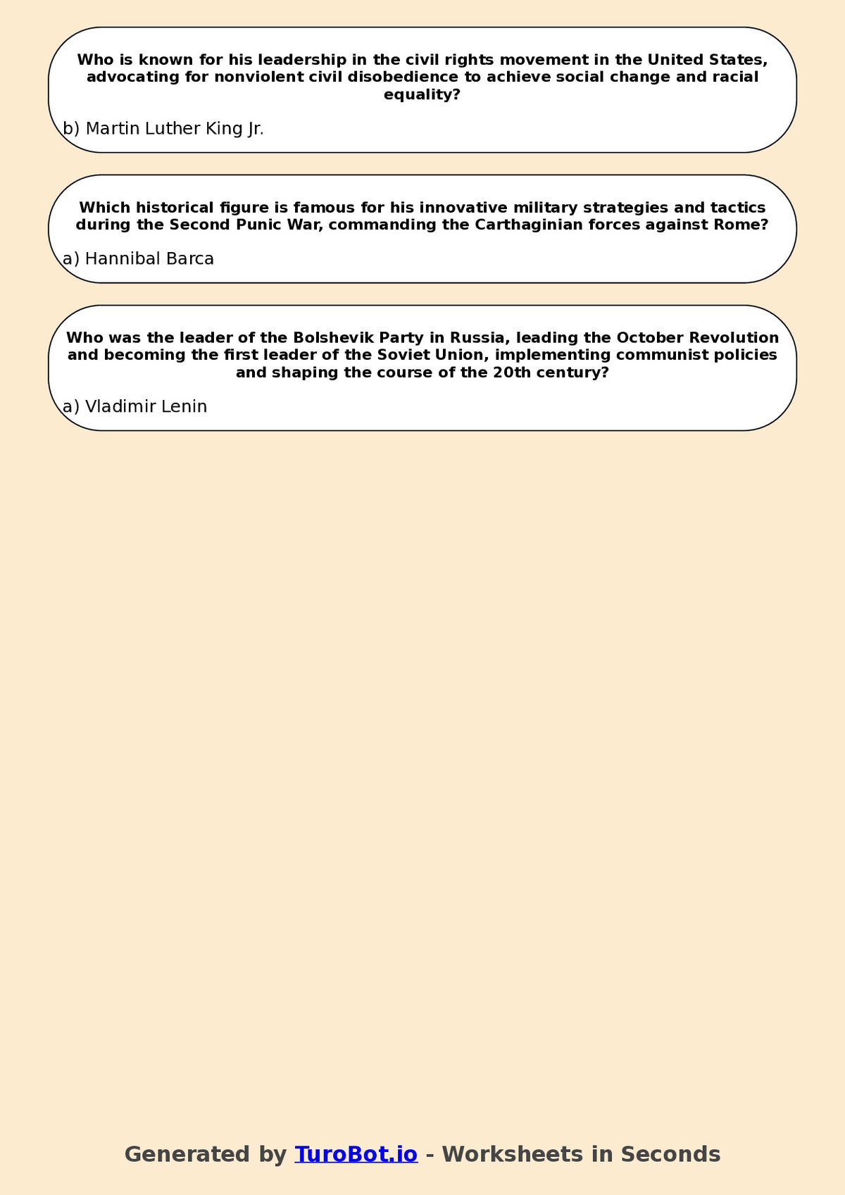 Year 7 History Multiple Choice Worksheet – Significant Historical Leaders