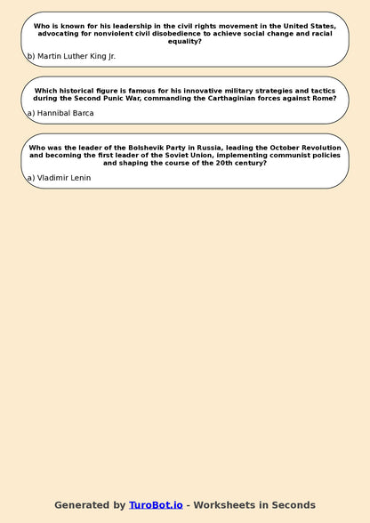 Year 7 History Multiple Choice Worksheet – Significant Historical Leaders