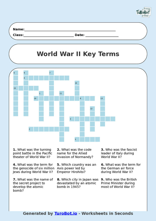 History - Year 8 - Crossword - World War II Key Terms